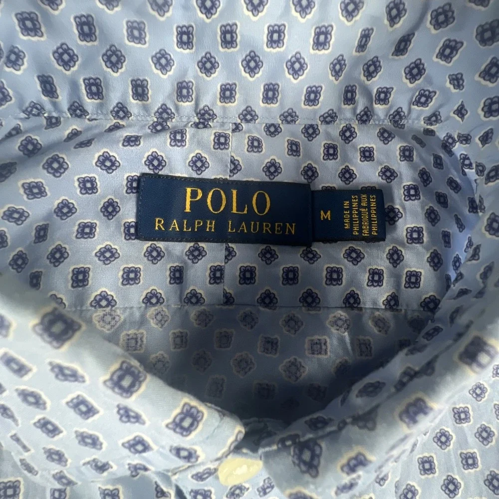 Polo Ralph Lauren Shirt Mens Medium Blue Geometric AOP Classic Stretch Button Up